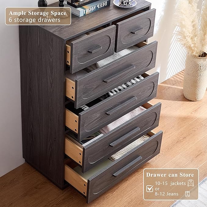 Gray 6 Drawer Dresser for Bedroom, 44" Tall Dressers & Chest of Drawers w/Solid Wood Handle, Wood Mid Century Closet Organizers and Storage Cabinet for Bedroom, Living Room, Hallway, Gray