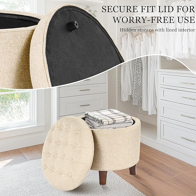 Homepop Home Decor Upholstered Round Tufted Foot Rest Ottoman Ottoman with Storage for Living Room & Bedroom Decorative Home Furniture, Twine Small