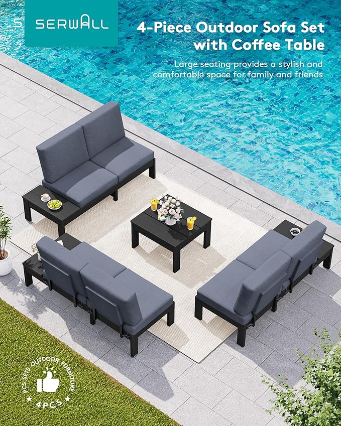 SERWALL HDPE Outdoor Sofa Set, All-Weather Patio Furniture Set, Seats 6, Modular Sectional Patio Furniture for Deck, Yard and Balcony, Black Frame with Grey Cushion