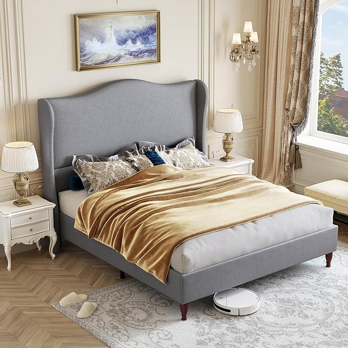 koorlian King Size Bed Frame with 51" Tall Headboard, High Upholstered Platform Bed Frames with Soft Fabric, Classic Curved Wingback & Wood Retro Legs, No Box Spring Needed/Easy Assembly, Grey
