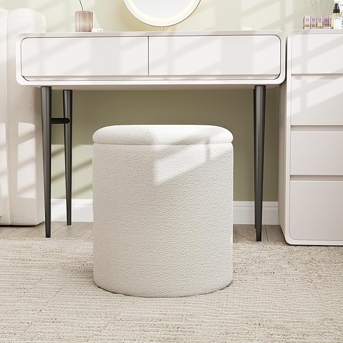 Ottoman Poufs with Storage,Soft Upholstered Vanity Stool,Multifunctional Ottomans Coffee Table Padded Seat Foot Rest for Living (White M)