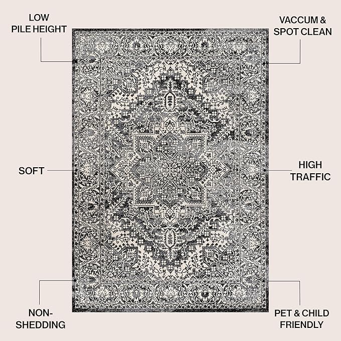 JONATHAN Y Vintage Medallion Indoor Area Rug Black 4X6, Modern Boho for Living Room, Bedroom, Kitchen, Office, Easy-Cleaning, High Traffic, Pet-Friendly, Non-Shedding MDP100D-4