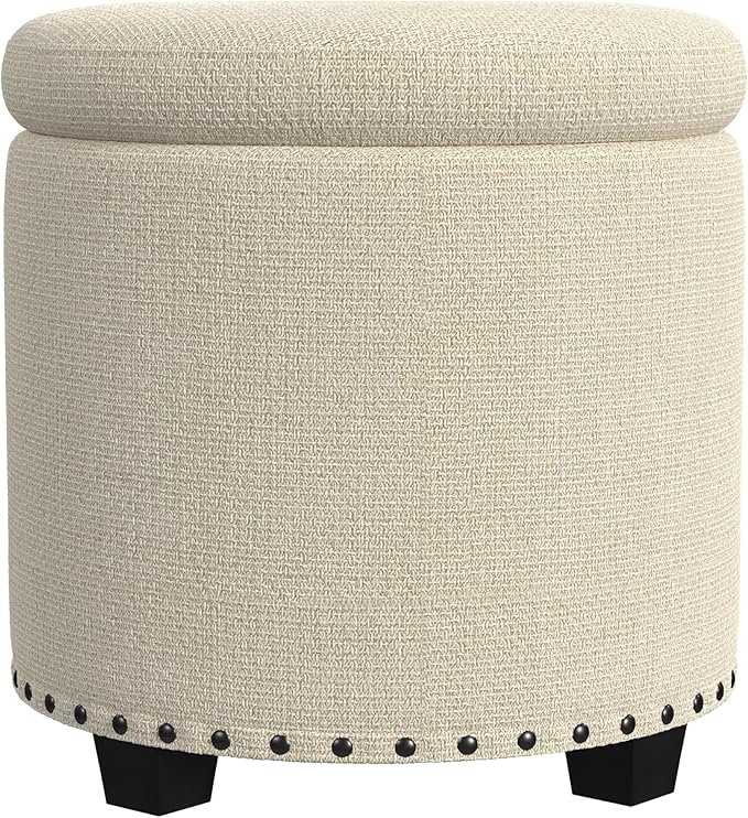 HomePop Home Decor | Upholstered Round Storage Ottoman with Nailheads| Ottoman with Storage for Living Room & Bedroom, Cream Woven