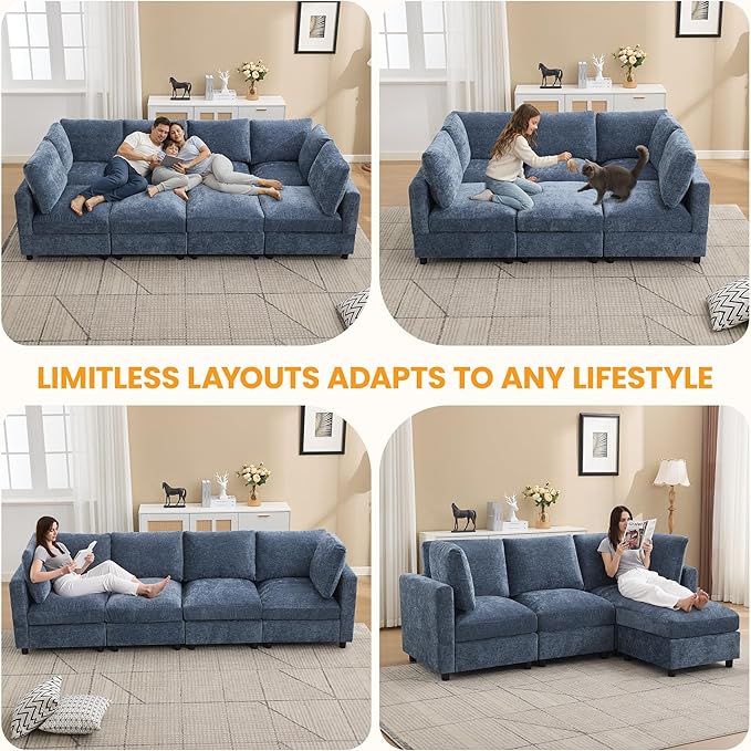Modular Sectional Cloud Sofa Bed, 6-Seater Convertible Sofa Couch with Ottoman, Modern Deep Seat Sleeper Sofa for Living Room, Chenille Blue
