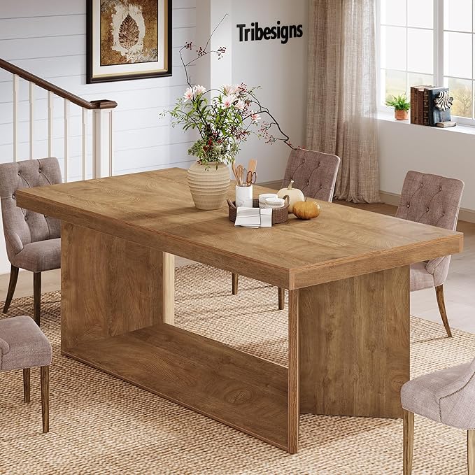Tribesigns 63-Inch Dining Table for 4-6, Farmhouse Kitchen Table with Heavy Duty Pedestal, Rectangular Wooden Dinner Furniture for Home, Dining Room, Living Room, Brown