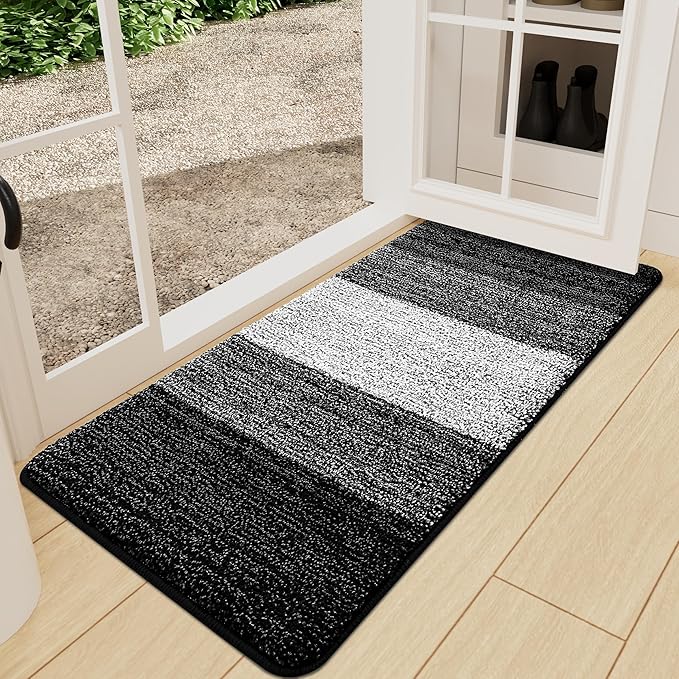Kitinjoy Indoor Outdoor Door Mat, 71x24 Non-Slip Absorbent Dirt Trapper, Low-Profile Washable Inside Entrance Front Floor Mat, Sturdy Soft Entry Doormats for Entryway, Black