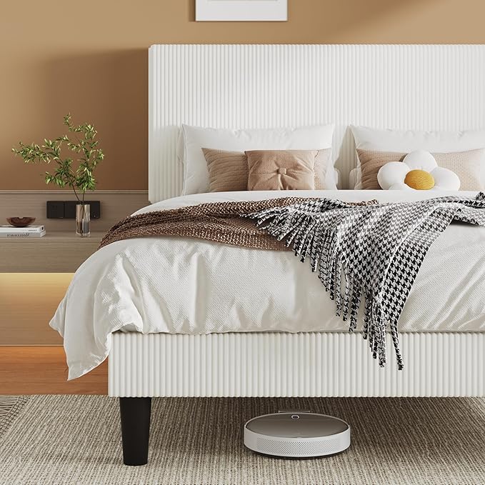 Allewie Full Size Upholstered Bed Frame with Vertical Channel Tufted Headboard, Soft Corduroy Fabric Platform Bed, Strong Wooden Slats Support, Easy Assembly, No Box Spring Needed, White