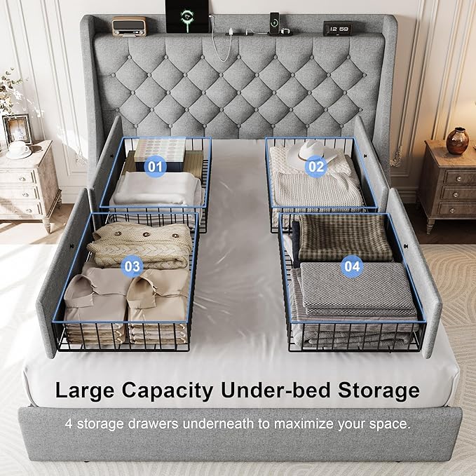 Full Size Upholstered Platform Bed Frame with 4 Storage Drawers and Charging Station, Linen Button Tufted Wingback Headboard, Sturdy Wooden Support Slats, No Box Spring Needed, Light Grey