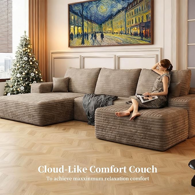 107.5" Compressed Boneless Couch with Ottoman, 2 Seater Large U Shaped Sectional Couches for Living Room, Camel Corduroy Cloud Modular Sectional Sofa, Memory Foam, No Assembly，Light Facing Chaise