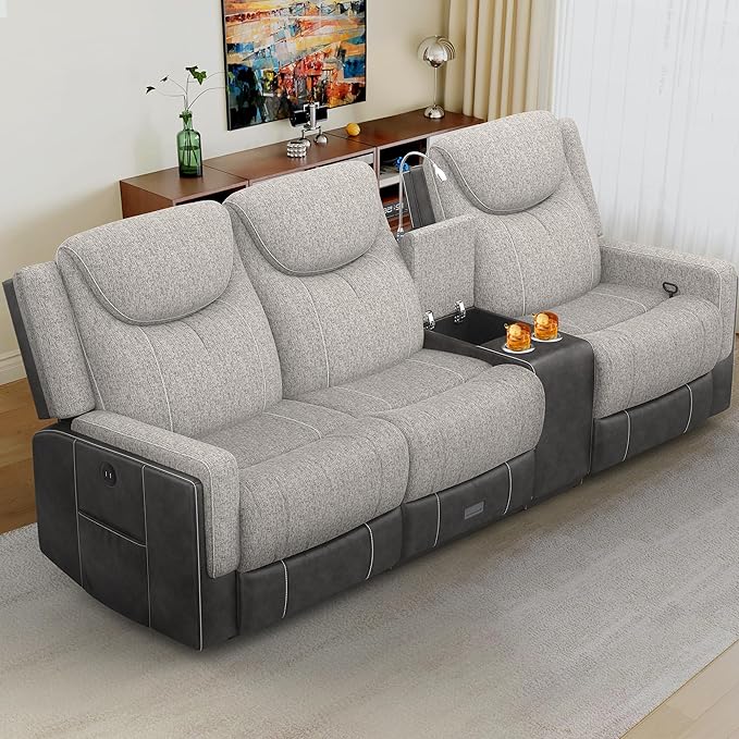 Recliner Sofa, 2 - Way Multi - Function Manual 3 Seater Couch with Cup Holders, Storage & USB Ports, Modern Multifunctional Sofa, Grey Linen & Leather Reclining Couch for Living Room