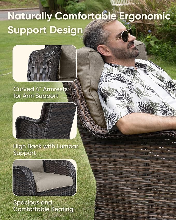7-Piece Outdoor Wicker Patio Furniture Set with Swivel Glider Chairs, 3-Seat Sofa, Coffee Table & Ottomans 5” Olefin Cushions Ergonomic Neck-Lumbar Backrest All-Weather Rattan for Garden, Deck, Porch