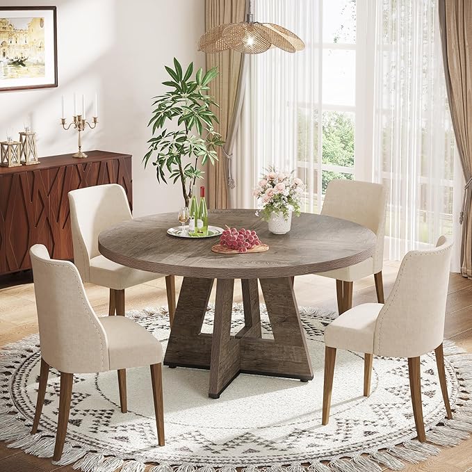 Tribesigns Farmhouse Dining Table, 47 Inch Round Dinner Table for 4 (Grey)