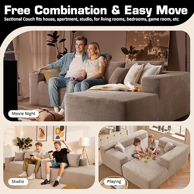 106" Cloud Sectional Couch with Chaise Lounge,L Shaped Modular Modern Sofa,Comfy Corduroy Fluffy Couches with Deep Seat,No Assembly Required Couch for Living Room(Right,Stripe Corduroy,Camel)