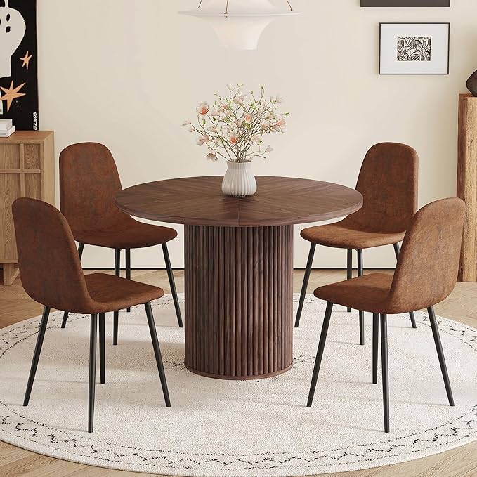 5 Piece Dining Table Set, 42" Round Dining Table Set for 4 with Storage and Suede Chairs, Round Kitchen Table and Chairs for 4 with Thick Wood Top, Roman Column Pedestal, Space-Saving