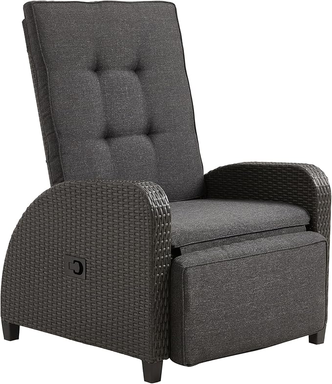 Green4ever Outdoor Patio Recliner with Independently Adjustable Backrest and Footrest, All-Weather Wicker Patio Chair, 160° Lay Flat Patio Reclining Lounge Chair for Backyard Garden, Grey
