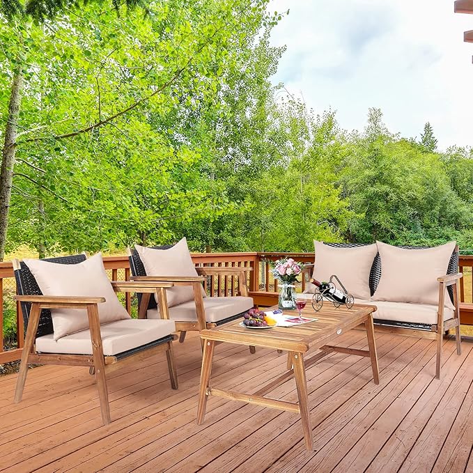 COSTWAY 4 Pieces Acacia Wood Patio Conversation Set, Outdoor Wicker Sofa with Coffee Table & Cushions, Patio Rattan Furniture Set for Yard, Porch, Poolside, Balcony, Backyard, Beige