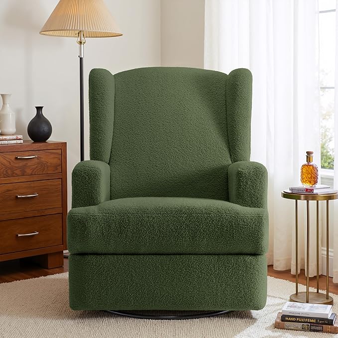 Boucle Swivel Glider Recliner Chair for Adults - Plush High Back Rocker with Deep Seat, Manual Reclining Upholstered Armchair for Living Room or Nursery, Textured Fabric Accent Chair-Green