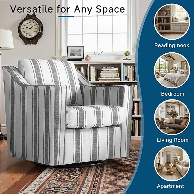 Pia Ricco 360° Swivel Accent Chair, Oversized Modern Striped Fabric Armchair with Removable Cover for Living Room and Reception
