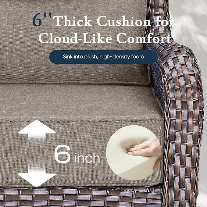 Belord Luxury 6" Thick Cushioned 5 Pieces Patio Furniture Set with 2 Ottomans, Wicker Outdoor Conversation Set with High Back Swivel Rocker Patio Chairs for Deck Porch Yard and Poolside - Brown+Grey