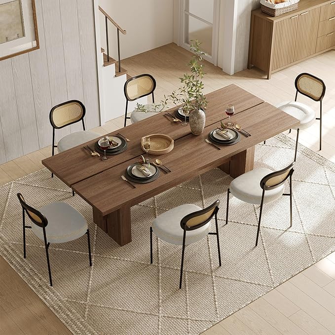 Rattan Dining Chairs Set of 6, Beige Leather Upholstered Dining Chairs with Rattan Cane Back, Mid Century Modern Dining Room Chairs with Black Metal Legs & D-Shaped Thicken Cushion, Beige