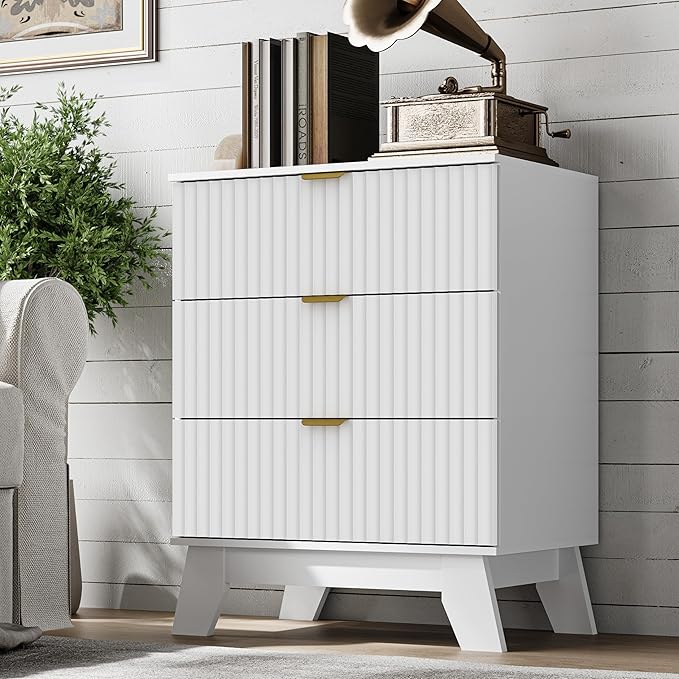 Fluted 3 Drawer Dresser, 30.3" Tall Compact Modern Boho Chest of Drawers, Wooden Storage Cabinet for Bedroom, Living Room, Entryway, Curved Profile Design