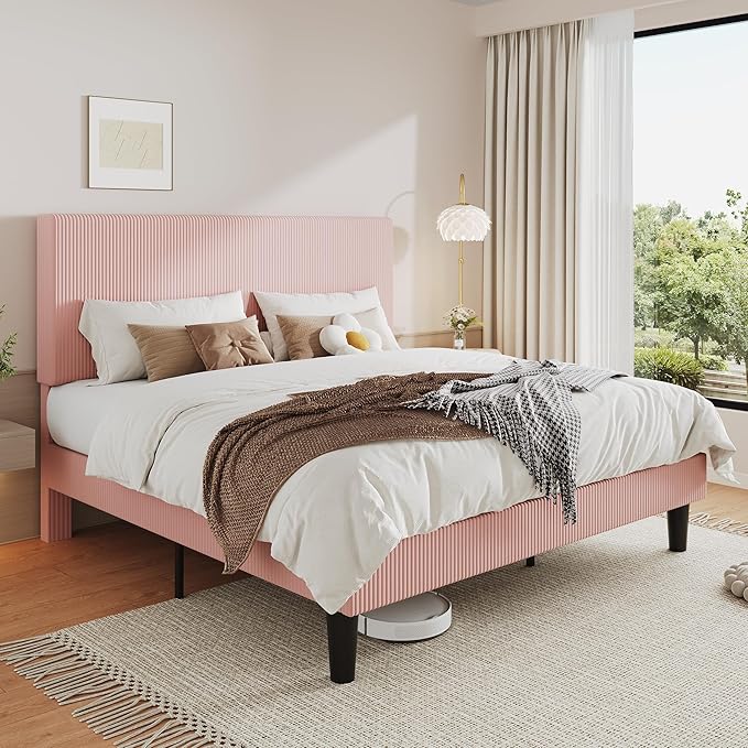 Allewie King Size Upholstered Bed Frame with Vertical Channel Tufted Headboard, Soft Corduroy Fabric Platform Bed, Strong Wooden Slats Support, Easy Assembly, No Box Spring Needed, Light Pink