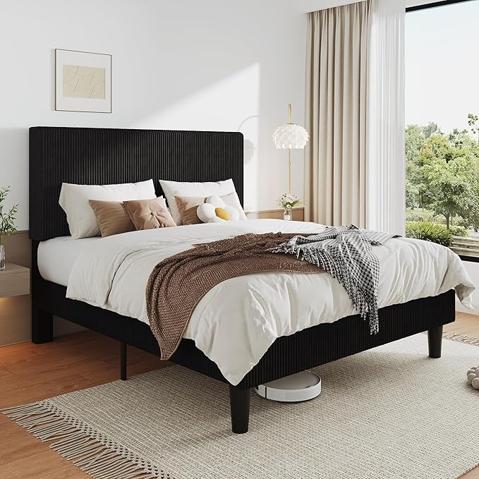 Allewie Queen Size Upholstered Bed Frame with Vertical Channel Tufted Headboard, Soft Corduroy Fabric Platform Bed, Strong Wooden Slats Support, Easy Assembly, No Box Spring Needed, Black