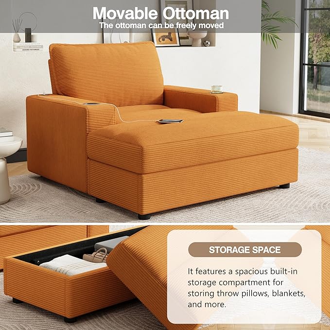 Christopher Knight Home Zoe Oversized Chaise Lounge Chair Indoor with Cup Holders & USB Charging Port, Corduroy Upholstered Sofa Bed + Ottoman with Storage, Comfy Deep Seat Sleeper Sofa Chair, Yellow
