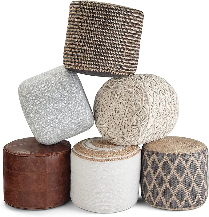 SIMPLIHOME Coates Boho Round Macrame Pouf in Natural Cotton for the Living Room, Bedroom and Kids Room