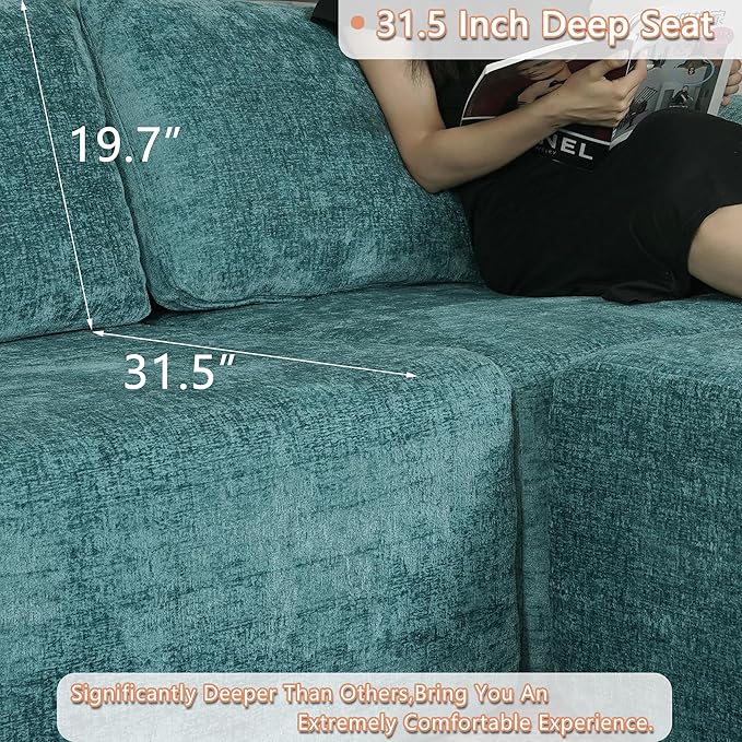 EASE MOOSE Sectional Cloud Couch for Living Room, Modular Boneless Sofa Large L-Shaped, Modern Cloud Sofa Set with Fluffy Foam, Oversized 4-Seater Deep Sofas with Ottoman for Bedroom, Chenille (Blue)