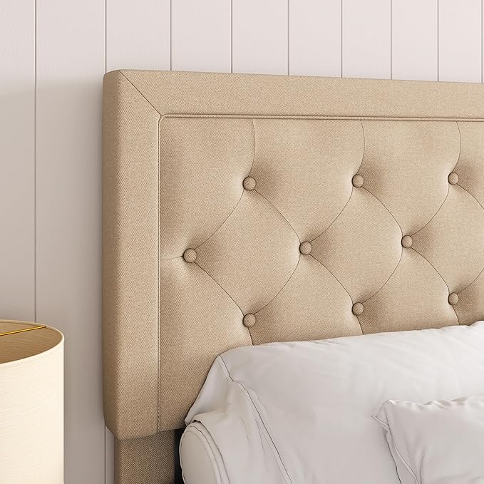 Allewie King Size Fabric Upholstered Bed Frame with Diamond Button Tufted/Adjustable Headboard/Wood Slat Support/Mattress Foundation/Beige
