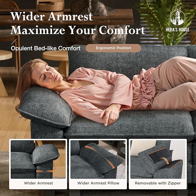 HERA'S HOUSE 158" Modular Sectional Sofa, Oversized L Shaped Couches for Living Room, Comfy Cloud Couch with Ottoman, 5-Seater Deep Seat Sofa with Throw Pillow, Chenille Blue