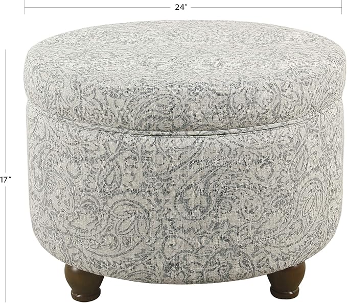 HomePop Home Decor | Upholstered Round Storage Ottoman | Ottoman with Storage for Living Room & Bedroom, Light Gray Floral Large
