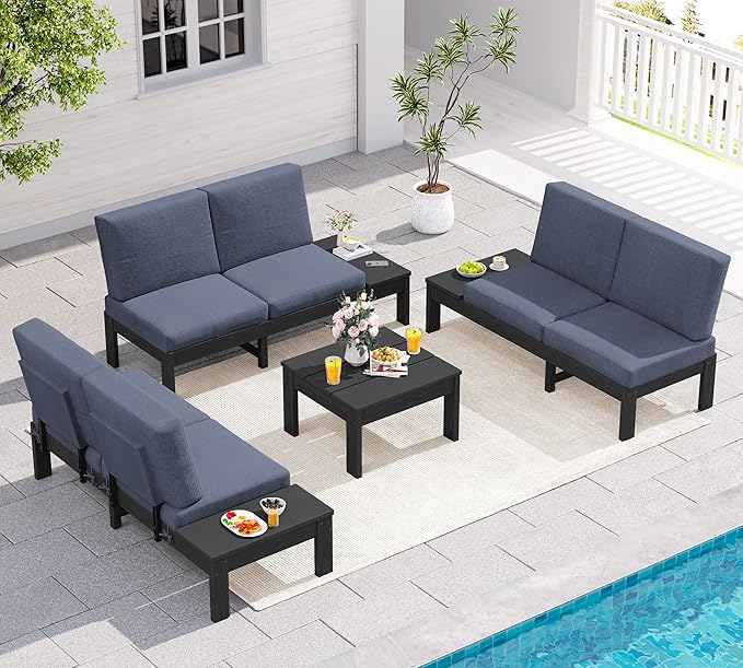 SERWALL HDPE Outdoor Sofa Set, All-Weather Patio Furniture Set, Seats 6, Modular Sectional Patio Furniture for Deck, Yard and Balcony, Black Frame with Grey Cushion