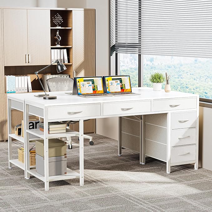 Huuger Computer Desk with 6 Drawers, 54 Inch Office Desk with Shelves, Reversible Gaming Desk, Corner Desk with Storage, Work Desk for Home Office, Study, Living Room, White