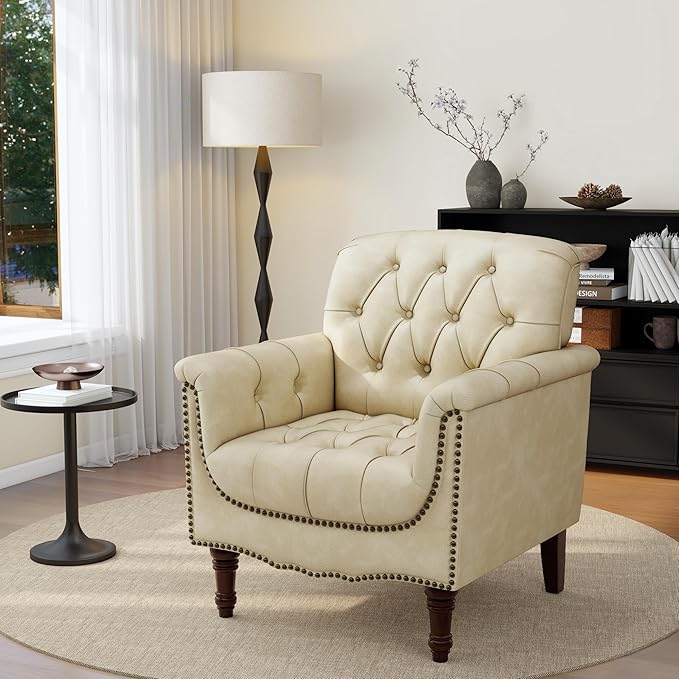 UIXE Faux Leather Accent Chair, Upholstered Armchair for Living Room, Retro Button Tufted Club Arm Chair Single Sofa Bedroom Side Reading Seating with Solid Wood Legs - Beige