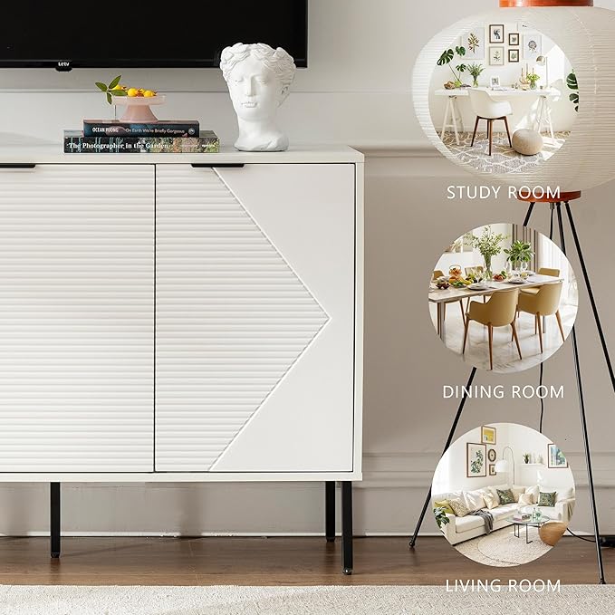 Kitchen Buffet Storage Cabinet Set of 2, Modern 3 Door Coffee Bar with Shelves, Wooden Fluted Entryway Cabinet for Dinning Room, Living Room (2, Embossed White)