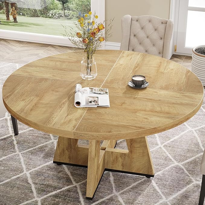 Tribesigns Round Dining Table for 4, 47 inch Farmhouse Circle Kitchen Table with Wooden Pedestal Base for Kitchen, Dining Room, Living Room (Light Wood)