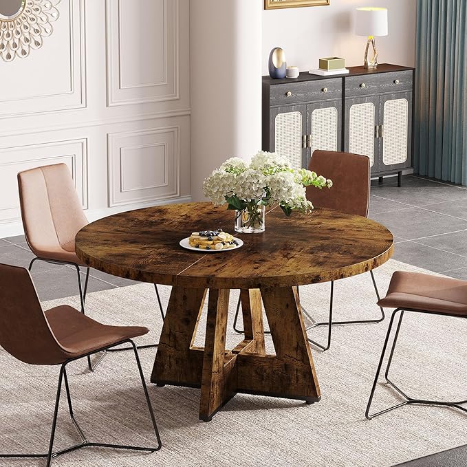 Tribesigns Round Dining Table for 4, 47 inch Farmhouse Circle Kitchen Table with Wooden Pedestal Base for Kitchen, Dining Room, Living Room (Rustic Brown)