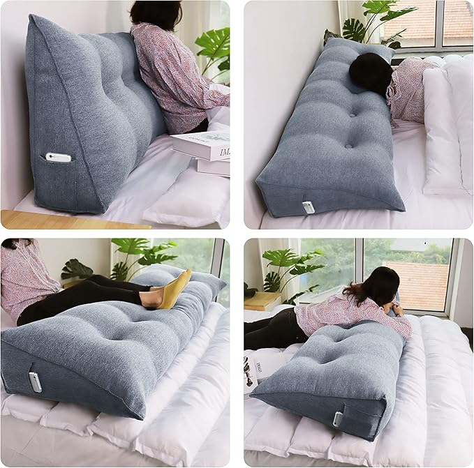 WOWMAX Large Bolster Triangular Positioning Support Reading Backrest Wedge Pillow for Headboard Day Bed Bunk Bed with Removable Cover, Gifts for Mom Gray California King