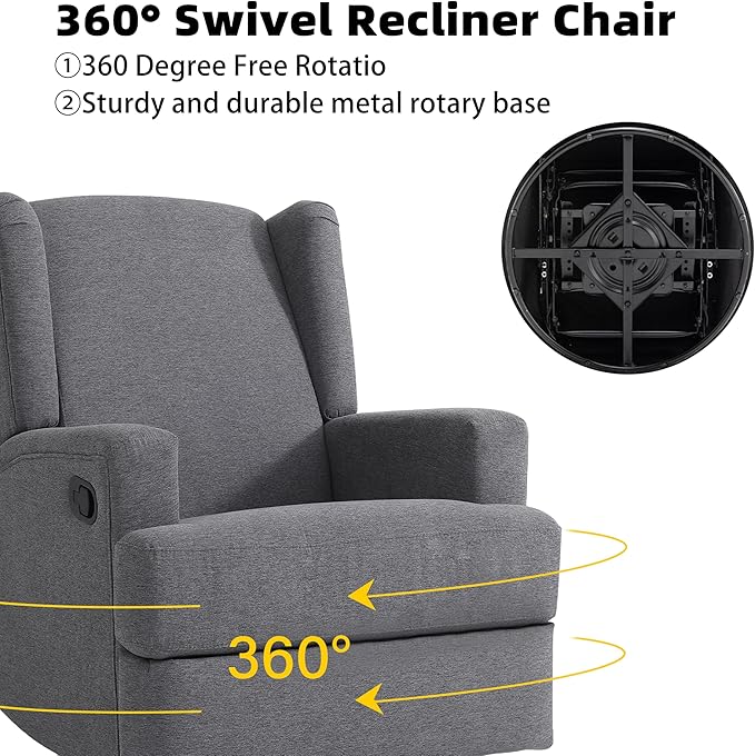 Swivel Glider Recliner Chair for Adults with Deep Seat - High Back Rocker Reclining Accent Chair, Manual Recliner for Living Room & Nursery, Comfortable Upholstered Fabric Armchair-Gray