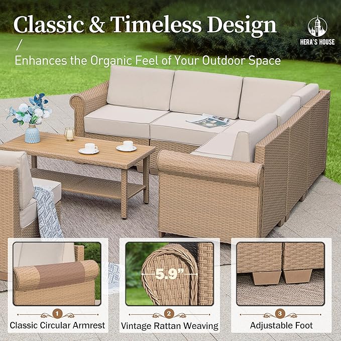 HERA'S HOUSE Patio Loveseat Set, All-Weather 2 Seats Outdoor Sectional Wicker Sofa, 5.5" Thick Cushions, 5.9" Wide Armrests, 2-Piece Modular Conversation Set for Patio, Lawn, Backyard, Garden