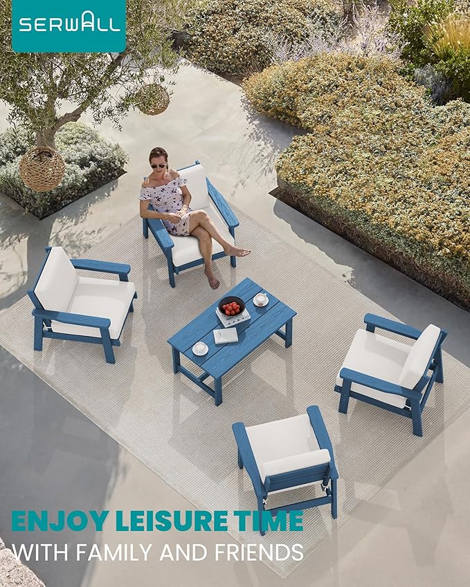 SERWALL Outdoor Patio Furniture Set, 5 Piece HDPE Patio Conversation Sets, All-Weather Wood-Like Outdoor Couch Loveseat and Coffee Table with Thick Cushions for Porch Balcony Garden Backyard