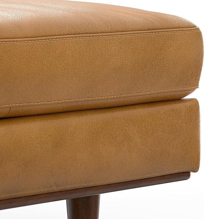 SIMPLIHOME Morrison 33 inch Wide Ottoman in Sienna Genuine Leather, Multifunctional Footrest, Coffee Table, and Extra Seating for Living Room, Mid-Century Modern Style
