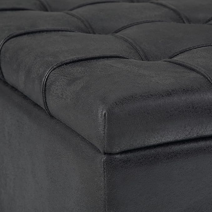 SIMPLIHOME Harrison Coffee Table Storage Ottoman - 36 inch Wide Upholstered Vegan Leather Square Lift-Top Ottoman in Distressed Black, Transitional Ottoman for Living Room with Hidden Storage