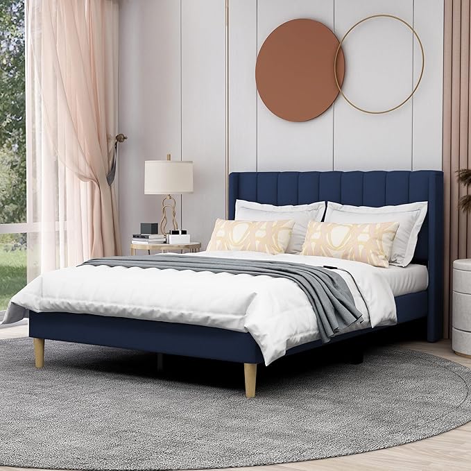 AGARTT Upholstered Platform Bed Frame Full Size with Headboard and Footboard/Wooden Slats Support/No Box Spring Needed/Easy Assembly,Blue Velvet