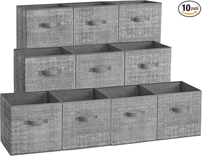 SONGMICS Storage Cubes, 13 x 13 x 13 Inches Non-Woven Fabric Bins with Double Handles, Set of 10, Closet Organizers for Shelves, Foldable, for Clothes, Cattail Gray UROB133G01