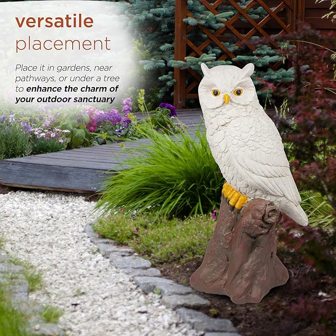 Alpine Corporation JUM584 Indoor Outdoor Life Like Owl on Tree Trunk Garden Static, Rustic Owl Statue for Yard, 28" Tall, White