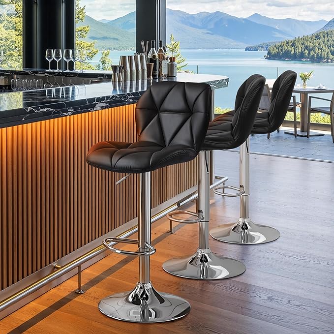 Yaheetech Bar Stools Set of 2, Modern Adjustable Kitchen Island Chairs, Black PU Leather Swivel Counter Stools for Bar, Kitchen Counter, Black