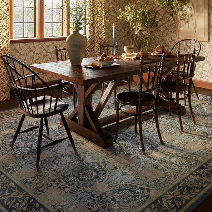 RUGGABLE x Morris & Co Washable Area Rug– Honeysuckle & Tulip Blue 8x10, Stain-Resistant, Non-Slip – Large Machine Washable Rugs for Living Room, Bedroom, Hallway, Entryway & Office–with Standard Pad